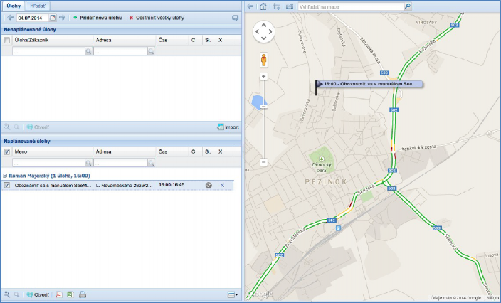 GPS monitoring - zobrazení vytvořené úlohy na mapě