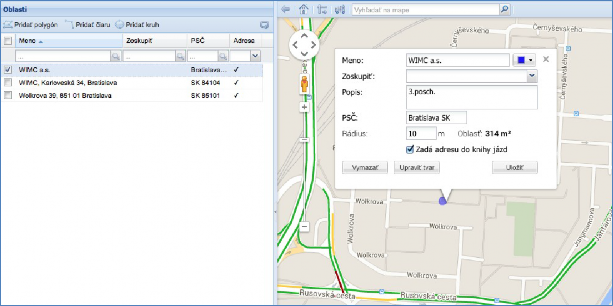 GPS monitoring SeeMe Mobile vytvořená oblast